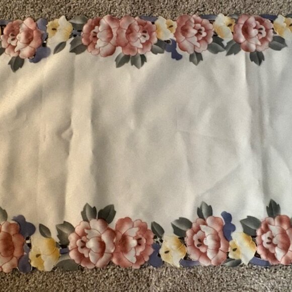 LOVELY RECTANGULAR RUNNER. SATIN FEEL IVORY W/ FLORAL EDGING. 54"L - Picture 2 of 3